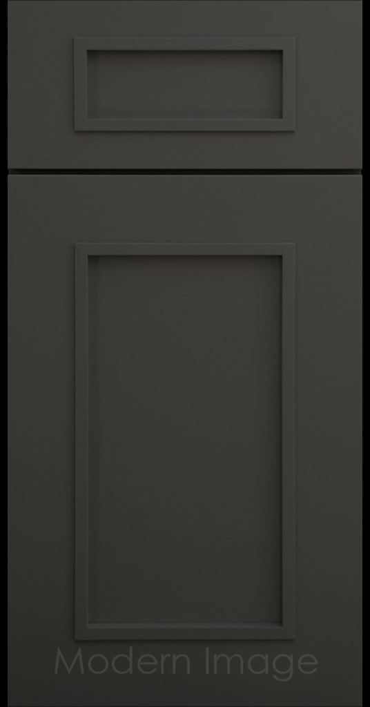 Gilbert cabinet a recessed flat panel and elevated molding in Iron Ore color.
